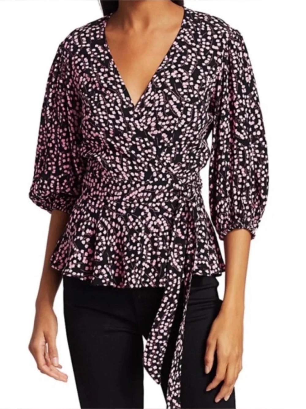 Ganni Floral Puff Sleeve Wrap Top Size 34